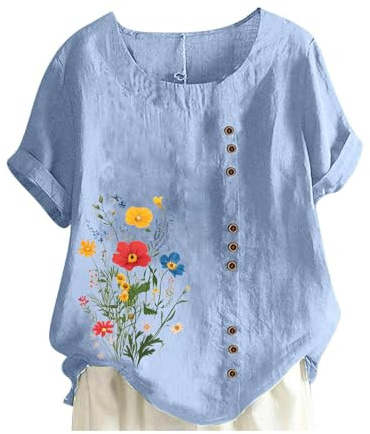 Wyongtao T Shirts en Coton Et Lin Manches Courtes Col Round Pas Cher Chemise Décontractée Imprimé Fleuri Mode Chemisier Femme Chic Et Élégant Tee Blouses Femmes Ample Respirant Tunique Grande Taille