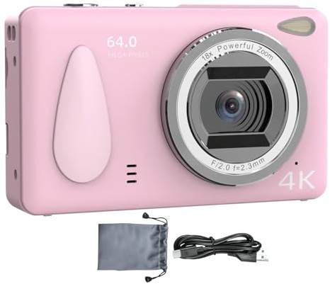 Appareil photo numérique 64 MP - Zoom 18x, caméra économique 4K, grand écran de 2,4 pouces | Caméra de poche compacte, caméscope HD avec fonction anti-tremblement, caméra de vlogging, idéale pour le