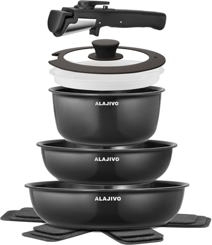 Topfset mit Abnehmbarer Griff, 9-Teilig Topfsets Pfannenset mit Antihaft Beschichtet, Keramik pfanne Induktion Kochtopf Set mit Deckel, für Alle Herdarten, Backofenfest, Ofenfest(Dunkelgrau)