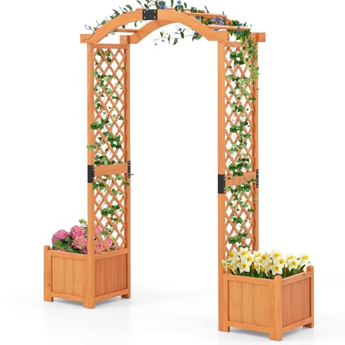 COSTWAY Arche de Jardin en Bois avec Jardinière avec Treillis (Jaune) | Pergola Extérieur pour Plantes Grimpantes Légumes, Décoration pour Mariage Commémoration Fête d'Anniversaire