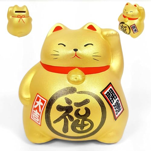 Gatto portafortuna, Maneki Neko Giapponese Zampa, Lucky Cat, Fatto in Giappone - Salvadanaio in argilla dorata, Statuetta di fortuna, prosperità, ricchezza, salute (H9cm)(SW-003)