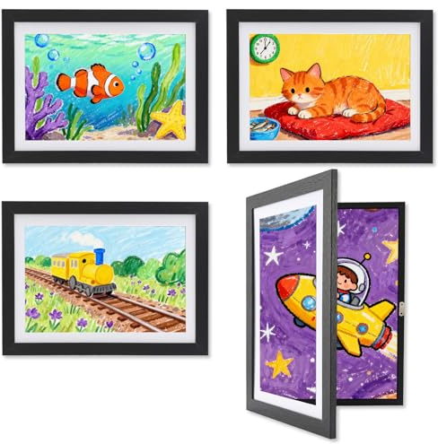 Kromapolis 4 marcos de fotos negros para dibujos infantiles, A4, material MDF respetuoso con el medio ambiente, tamaño A4, marco para collage de fotos