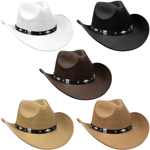 JTKDG 5 Stück Western Cowboyhüte mit Schnallengürtel, Filzhüte mit breiter Krempe für Damen & Herren, Reisehut & Halloween-Kostüm