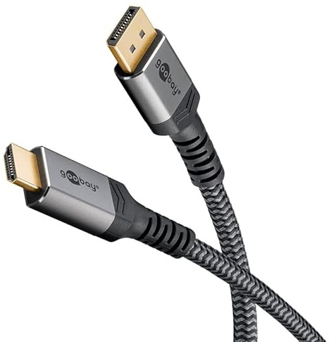 goobay Plus 2 m Cable DisplayPort a HDMI 8K 60 Hz, unidireccional, compatible con DisplayPort 2.0/2.1, conectores metálicos dorados y cable textil, ideal para PC, portátil y monitor, 78965