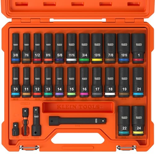 Klein Tools 65123HD KNECT Deep-Well Impact Socket Set, 1/2-Inch Drive, SAE and Metric, 28-Piece Tool Set, 1/4-Inch Impact Driver, Wrench Extensions, Color-Coded, Removable Socket Organizer