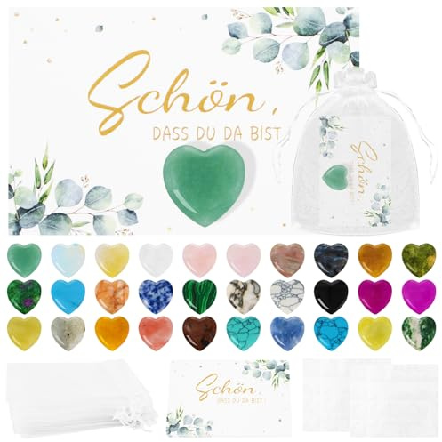 ZYNERY 30 Stück Herz Steine Gastgeschenk Hochzeit mit Karte im Organzasäckchen Schön dass du da bist Gastgeschenk Herzsteine für Hochzeit Gastgeschenke Taufe Kommunion