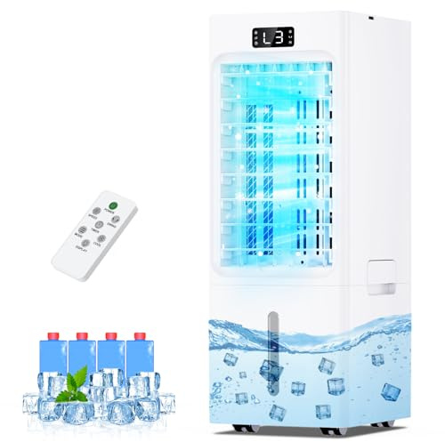 Air Cooler,Air Cooler, 3 IN 1 Portable Air Conditioner, Portable Air Conditioning Unit with Cooling Mode, 6L Removable Water Tank with 4 Ice Packs, 3 Wind Speed, 12H Timer, 5m Remote, Auto Oscillation