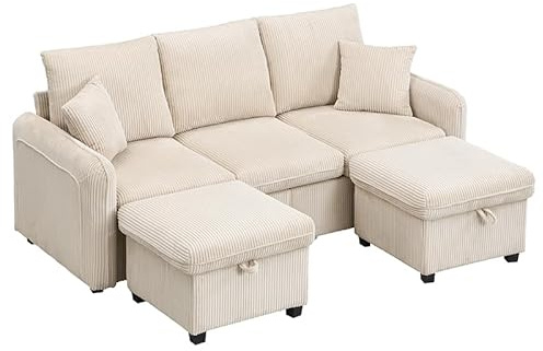 Hmluxury U-Form-Ecksofa Mit Staufunktion Und Schlaffunktion, Modular Zerlegbares Dreisitzer-Set in Cord-Stoff, Inklusive Hocker Und Schubladen