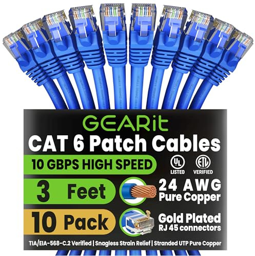 GEARit Cat6 Patch Cables Cat 6 Ethernet Cable 3 ft 10-Pack Blue