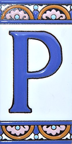 Écriteaux avec numéros et lettres. Carreaux de céramique polychromée, peints à la main dans technique corde sèche (cuerda seca) pour plaques avec numéros, noms, directions et signalisation. Texte personnalisable. Dessin ARCO GRANDE 14,9 cm x 7,4 cm. (LETTRE P)