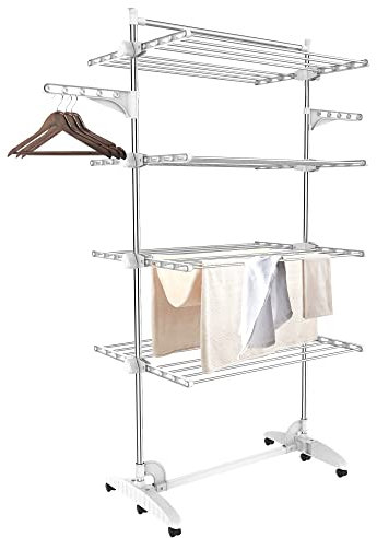 Todeco - Etendoir à Linge, Etendage à Linge - Matériau: Tubes en acier inoxydable - Charge maximale: 3 kg par barre de support - 4 étagères, Blanc, avec ailes et barre supérieure