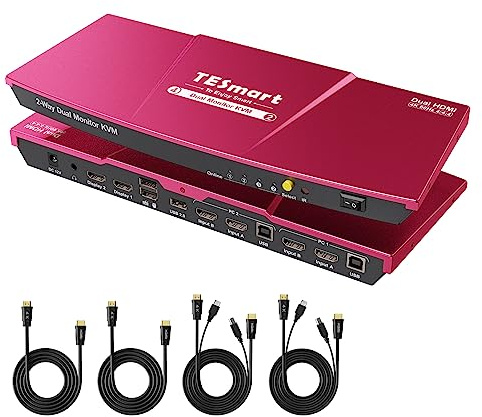 TESmart KVM Switch Monitor Dual 2 Puertos HDMI KVM Switch 2 Monitores 2 Ordenadores,UHD 4K@60Hz RGB 4:4:4,Audio Estéreo,Hotkey,Conmutación de Botón,Visión Dolby,Conmutador Monitor PC con Cables
