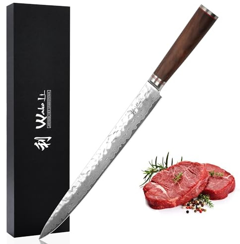 Wakoli Nussbaum Fleischmesser, Tranchiermesser, 30 cm, 67 Lagen Damaststahl | VG10-Kern, Hammerschlag, 15° V-Schliff und Nussbaumholzgriff für Braten, Schinken, Fisch und Sashimi, inklusive Geschenkbox