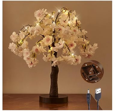 Hairui Cerisier Lumineux à Piles - 40 LED Blanches Chaudes - 45,7 cm - Bonsaï Artificiel avec lumières - Prise USB - pour fête de Mariage, Pâques, été, Festival, décoration de la Maison