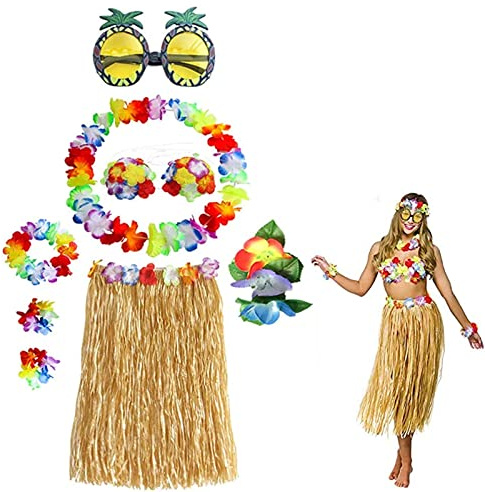 Hawaiian Hula, Grass Rock Set, mit Halskette Armbänder für Party Fancy Dress und Tropical Beach für Erwachsene Unisex,Stirnband Blume BH Haarspange und Ananas Sonnenbrille Party Dekoration