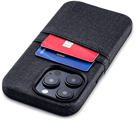 Dockem Kartenetui für iPhone 14 Pro mit Integrierter Metallplatte zur Magnetischen Befestigung & 2 Fächern: Luxe M2 Canvas-Stil Kunstleder Brieftasche Etui (iPhone 14 Pro, Schwarz)