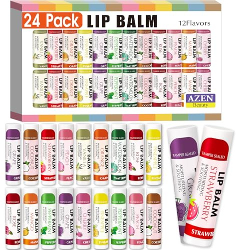 AZEN 24 Pack Lip Balm Bulk, Moisturizing Lip Balms for dry cracked lips, Mothers Day Gifts Easter Basket Stuffers - 12 Flavors