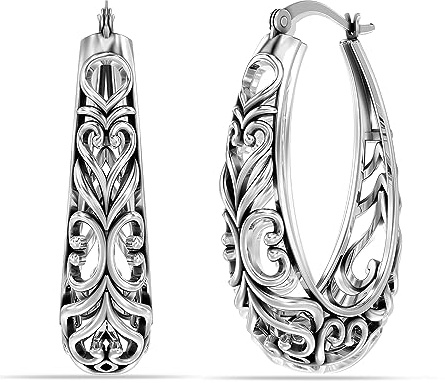 LeCalla 925 Sterling Silber Hoops Ohrring für Frauen | Frauen filigrane Hoop Ohrringe | Antik oxidiert Openwork Mesh Filigree Cut Ohrring Chunky Hoops | Hypoallergen Vintage filigrane Hoop Ohrringe