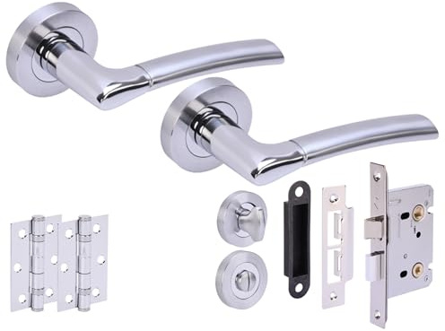 Hunta HANDLEZONE® Columba Premium Door Handles on Rose Bathroom Lock Pack with 75mm Ball Bearing Hinges and 65mm Lock - Dual Polished/Satin Chrome