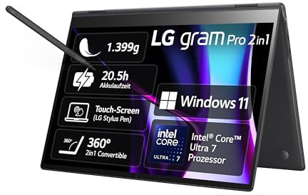 LG 2024 gram Pro 16 Zoll 2in1 Notebook - 1399g Intel Core Ultra7 Laptop (16GB RAM, 1TB Dual SSD, 20,5h Akkulaufzeit, OLED Touch Panel, Stylus Pen, Win 11 Home) - Schwarz