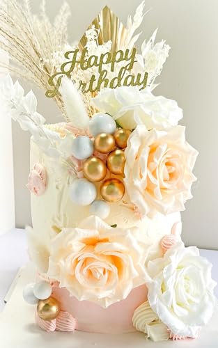 VELAFEE 25-Piece Rose Gold & Palm Boho Birthday Cake Decoration Set with Gold Cake Balls & Dried Flowers