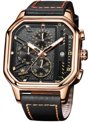 OLEVS Black Leather Watches for Men Square Classic Fashion Multifunctional Man Watch Analog Quartz Waterproof Luminous Casual Male Wristwatch