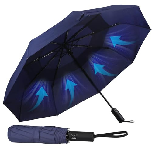 Hannstar Folding Travel Umbrella Windproof Strong - Easy Auto Open Close, Lightweight, Durable and Compact Brolly - Wind Resistant, Small Backpack Rain Umbrella for Women & Men
