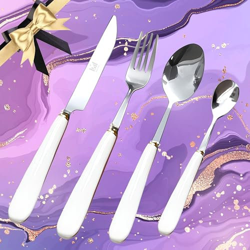 SensiSel 16 Piece Cramic Handles Cutlery Sets, White Handle Knife Fork Spoon Set, Stainless Steel Flatware Set Service for 4 Dishwasher Safe, 4 Person Dinner Set Gift Boxed (White Silver)