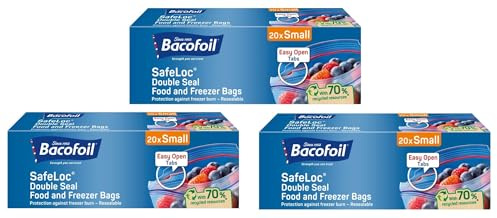60 x Double Seal Food Storage and Freezer Bags with Easy Open Tabs, Extra Thick Film, Prevent Leaks and Freezer Burn, Reusable and Resealable, BPA Free (3 x 20 Bags) Size - SMALL