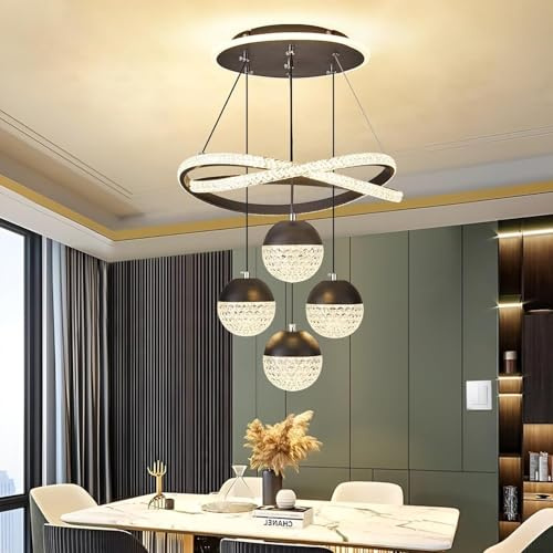 VTAMng Gold Acryl Kronleuchter Ring Moderne Led Kristall Küche Insel Leuchte Decke Hängen 3 Ball Dimmbare Deckenleuchten Led Pendelleuchte mit Fernbedienung Studie Büro Pendelleuchte(Black,Regular sty