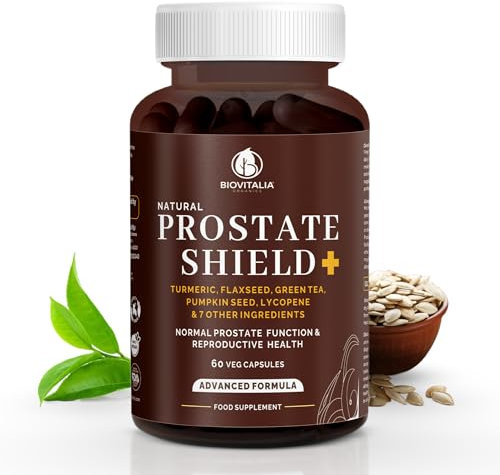 BioVitalia Prostate Shield Capsules - High Dosage with Turmeric, Linseed, Green Tea, lycopene, Pumpkin Seeds, pygeum bark, betasitosterol, Nettle Leaves | - Vegan - 60 Capsules