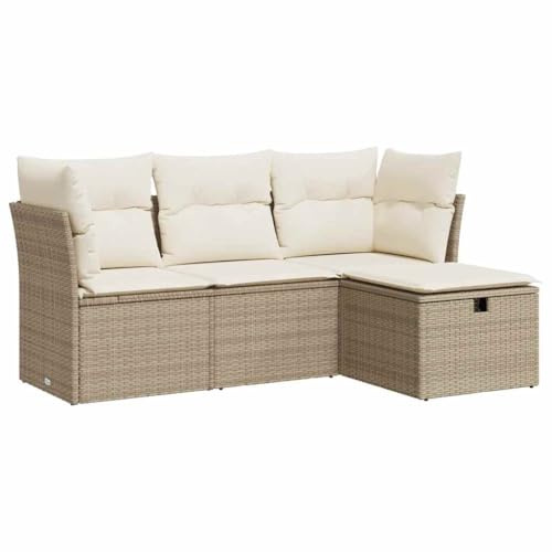 vidaXL Soffgrupp för trädgård med dynor 4 delar beige konstrotting, utomhus soffa set, trädgård lounge inställning, trädgård hörn soffa set