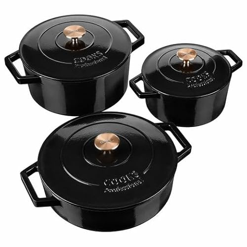 Cooks Professional Set of 3 Cast Iron Casserole Dishes with Lid & Handles | 20, 26 & 28cm | Colourful Enamelled Cooking Pans Pots | Suitable For All Hobs Inc Induction | Oven & Grill Safe | Black