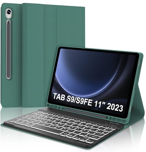SENGBIRCH Teclado para Samsung Galaxy Tab S10 FE 10.9, Funda Teclado Galaxy Tab S10FE 2025, España Ñ Bluetooth Retroiluminación Keyboard para Samsung Tablet S10FE/S9FE 10.9 Pulgadas, Verde Oscuro
