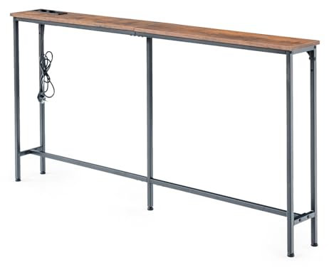 ZZINOKE 160cm Konsolentisch Holz mit Ladestation, 160T x 20B x 80.5H cm Schmal Konsolentisch, Industrieller Eingangstisch, Sofatisch für Eingangsbereich, Flur, Foyer, Wohnzimmer, Vintage-Braun