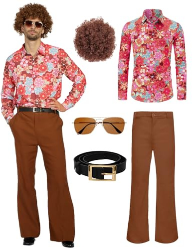 minkasic Costume disco des années 70 - Style hippie - Pour homme - Avec pantalon évasé, chemise - Pour carnaval, fête d'Halloween des années 50, 60, 70