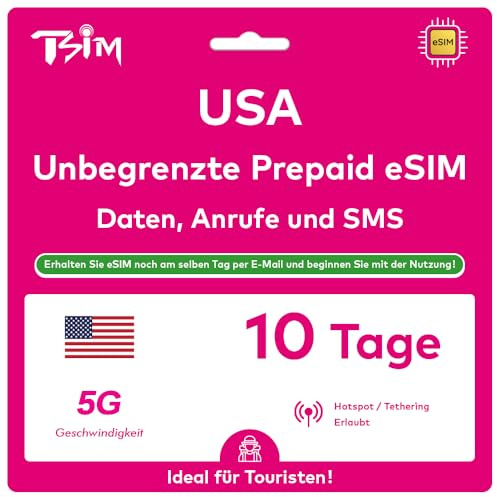 USA eSIM 10 Tage. T-Mobile Netzwerk mit Unbegrenzt Highspeed-Daten, Lokale Anrufe und SMS in den USA (Hawaii Inklusive). Erhalte eSIM Am Selben Tag per E-Mail und Beginne Sofort mit der Nutzung!