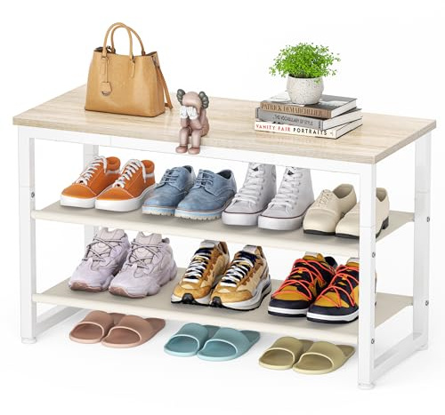 SIMPDIY Shoe Rack, 3 Tier Shoe Bench with Wooden Shelf, Shoe Storage with Seat for Entryway Living Room Hallway Bedroom, Load Capacity 150 kg, White Oak