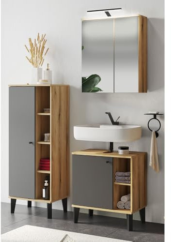 Lomadox Badmöbel-Set 3-teilig mit Waschbeckenunterschrank 60 cm, LED-Spiegelschrank, in Eiche und grau, modern