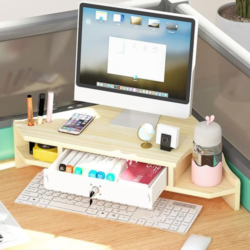 2-Tier Triangle Design Wooden Computer Monitor Stand for PC/TV/Tablet, Desk Organizer and Office Space Saver, Natural Wood Color