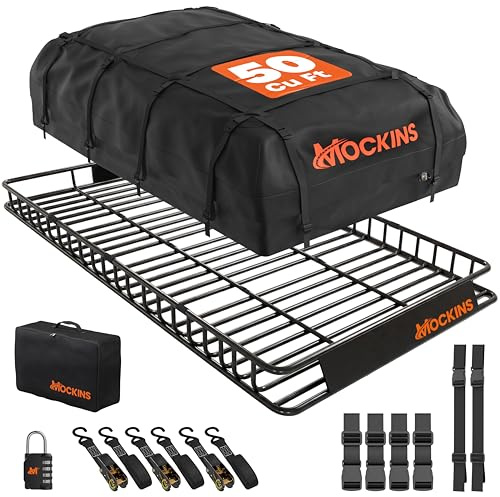 Mockins XXL 90x50x6 Heavy Duty Roof Rack Cargo Carrier w/ 50 CuFt Waterproof Rooftop Cargo Bag for Top of Car | All-Weather 250 Lbs Cap Car Top Carrier Roof Basket for SUV RV Van w/Accessories