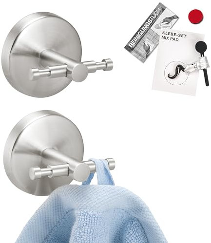 bremermann Bad-Serie PIAZZA - Handtuchhaken 2er Set inkl. Klebeset, Doppel-Wandhaken für Handtücher, Bademantel und Badutensilien, Handtuchhalter für Bad und Küche, aus Edelstahl matt