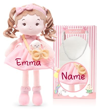 LeyaDoll personalisierbare Stoffpuppe 40 cm, Geschenk für 1‑jährige Mädchen | Rosa Geschenktüte inklusive, maschinenwaschbar, formstabil, bleibt weich, robust vernäht und für täglichen Spielspaß gemacht