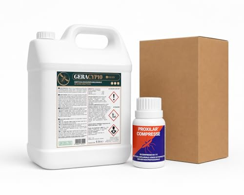 Ossian Geracyp 10 - Insetticida Antizanzare, Formiche, Scarafaggi, Insetti Striscianti e Volanti, Concentrato con Cipermetrina e Geraniolo, Effetto Residuale, Profumato (5 LT+Compresse Larvicida)