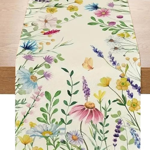 Saituo Home Tischläufer Modern, Frühling Sommer Gänseblümchen Lavendel Blumen Blätter, Tischläufer Outdoor, Tischläufer Eukalyptus Waschbare, für Esszimmer Party Urlaub Buffetpartys, 183 x 33 cm