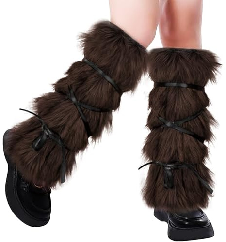 NICEYEA Jambières longues en fausse fourrure pour femme - Bottes douces - Couvre-poignets - Chaussettes chaudes en fourrure - Accessoires de costume pour Noël, Halloween - Adulte, Café avec sangle