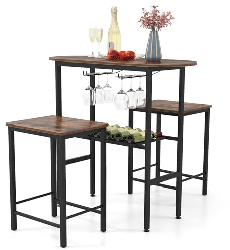 COSTWAY Bar Table Set with 2 Stools, 3 Pieces Breakfast Bar Set with Wine Rack, Wine Glass Holders & Footrest, Oval Counter Height Dining Table and Chairs for Home Kitchen Pub (Rustic Brown + Black)