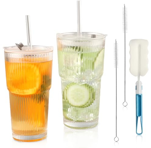 NBBENG 2Pcs Ribbed Tumblers with Lids and Glass Straws Iced Coffee Cup, Reusable Ice Coffee Glass with Brush for Drinks, Water, Cocktail, Whiskey, Soda, Tea, Juice, Smoothie Cup 600ML