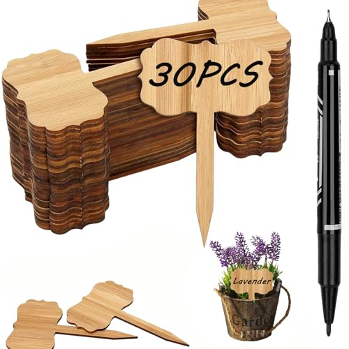 Plant Labels Plant Tags 30 Pcs for Outdoor Plants Greenhouse Accessories | 100% Natural Bamboo, 6.5x10cm T-Type Design, Fade-Proof Ink Marker, For Outdoor Plants