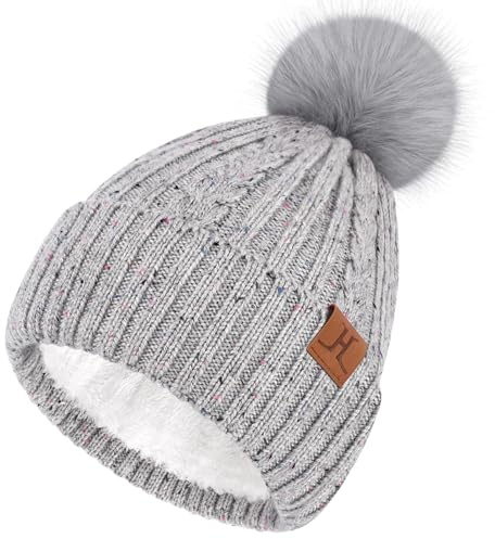 Bequemer Laden Bonnet Hiver Femme - Bonnets Chauds Tricotés avec Double Doublure Polaire, Mignons Pompon Cadeau Femme
